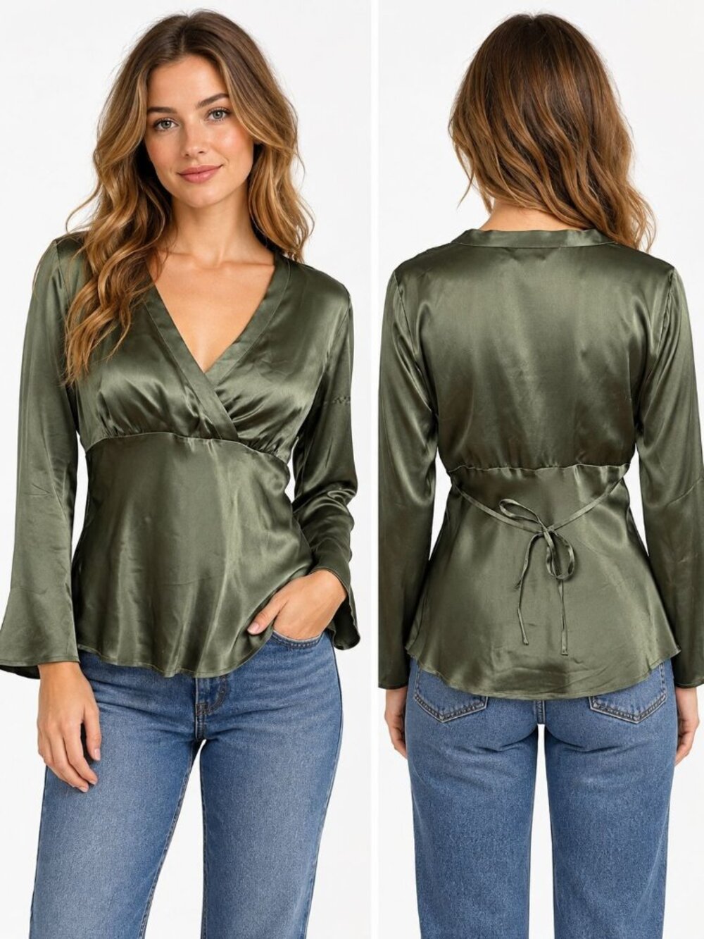 Vintage 90s Allison Taylor Green 100% Silk Wrap Blouse Bell Sleeve Tie Back L